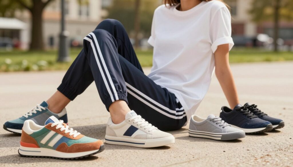 A stylish arrangement featuring trendy women's sneakers (trampki) and slip-ons showcased alongside sporty track pants in a chic, laid-back setting. In the foreground, brightly colored and contemporary sneakers are displayed, with intricate details on the fabric and laces, emphasizing their casual appeal. The middle ground includes a relaxed outfit, combining well-fitted track pants with a simple white tee. The background features a softly blurred urban park environment, basking in warm, natural light to evoke a fresh, fashionable atmosphere. The angle highlights the footwear while maintaining a balanced view of the overall outfit, giving an effortless, modern vibe to the whole scene. A stylish arrangement featuring trendy women's sneakers (trampki) and slip-ons showcased alongside sporty track pants in a chic, laid-back setting. In the foreground, brightly colored and contemporary sneakers are displayed, with intricate details on the fabric and laces, emphasizing their casual appeal. The middle ground includes a relaxed outfit, combining well-fitted track pants with a simple white tee. The background features a softly blurred urban park environment, basking in warm, natural light to evoke a fresh, fashionable atmosphere. The angle highlights the footwear while maintaining a balanced view of the overall outfit, giving an effortless, modern vibe to the whole scene.