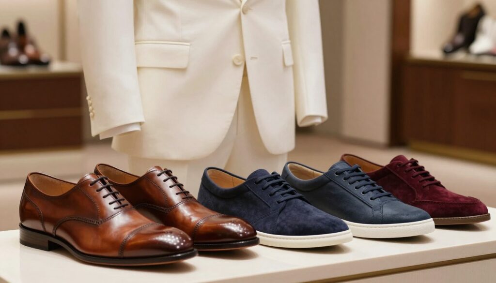 A stylish arrangement of different colored shoes suitable for a white suit, displayed prominently in the foreground. The shoes vary in designs, including classic leather oxfords, elegant suede loafers, and modern casual sneakers, showcasing a palette of colors like rich brown, navy blue, and deep burgundy. In the middle ground, a well-tailored white suit on a mannequin captures attention, enhancing the focus on the footwear choices. The background consists of a softly blurred upscale interior setting with warm lighting that creates an inviting atmosphere. The composition emphasizes a sense of sophistication and style, ideal for occasions like weddings, work, and summer outings, inviting viewers to consider the impact of shoe color on overall outfit presentation.