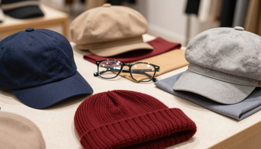 A stylish arrangement of various hats in different colors and styles, carefully placed on a textured background. In the foreground, showcase a chic knitted beanie in a warm, deep red, paired next to a sleek, navy blue cap with a modern design. Include a fashionable newsboy cap in light gray for contrast. In the middle ground, introduce a pair of trendy eyeglasses resting delicately on a soft surface, surrounded by fabric swatches reflecting complementary colors. The background should be softly blurred to create depth, featuring a cozy, well-lit atmosphere reminiscent of a stylish boutique. Warm, natural lighting highlights the textures of the hats and glasses, creating an inviting and harmonious mood. Capture this arrangement from a slightly elevated angle to emphasize the combinations without overwhelming the viewer.
