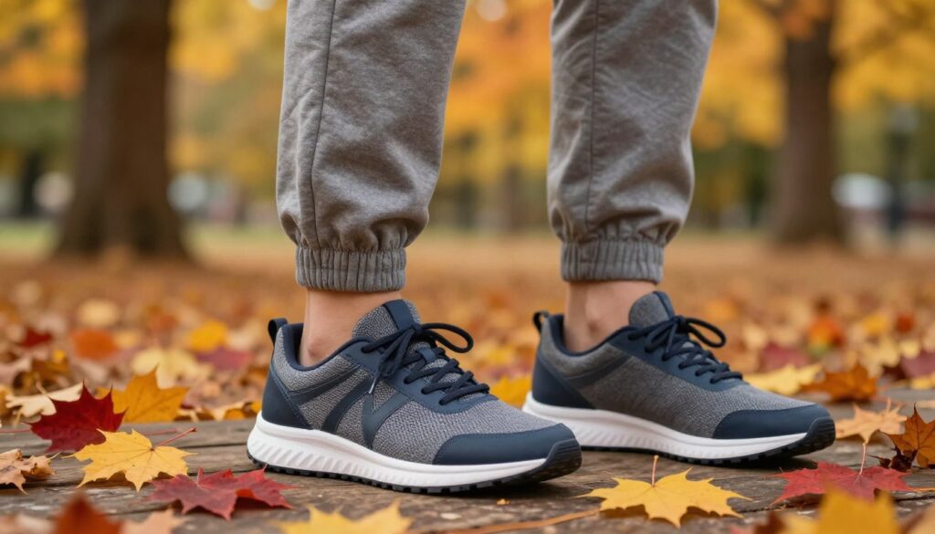 A stylish autumn scene featuring a pair of fashionable women's sports shoes paired with casual joggers. In the foreground, the shoes are prominently displayed on a rustic wooden surface, surrounded by colorful autumn leaves in shades of red, orange, and yellow. The joggers, made from comfortable fabric, have a modern fit and are slightly wrinkled, depicting a relaxed yet trendy look. In the middle ground, soft natural light filters through trees, creating a warm, inviting atmosphere, while a blurred background showcases a park-like setting adorned with fall foliage. The image captures a sense of practicality and fashion, inviting viewers to consider the perfect blend of comfort and style for the autumn season. A stylish autumn scene featuring a pair of fashionable women's sports shoes paired with casual joggers. In the foreground, the shoes are prominently displayed on a rustic wooden surface, surrounded by colorful autumn leaves in shades of red, orange, and yellow. The joggers, made from comfortable fabric, have a modern fit and are slightly wrinkled, depicting a relaxed yet trendy look. In the middle ground, soft natural light filters through trees, creating a warm, inviting atmosphere, while a blurred background showcases a park-like setting adorned with fall foliage. The image captures a sense of practicality and fashion, inviting viewers to consider the perfect blend of comfort and style for the autumn season.