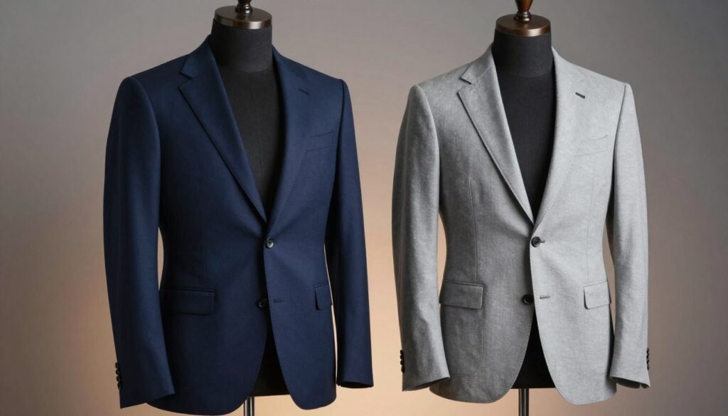 A stylish blazer and a tailored jacket displayed side by side on a sleek black mannequin. The blazer is a classic navy blue with a structured silhouette and sharp lapels, while the jacket is a light grey with a softer, more relaxed fit and rounded edges. The background features a soft gradient of muted colors to emphasize the clothing, with ambient lighting that gently highlights the textures of the fabric. The image is captured from a slightly elevated angle, showcasing the detailed stitching and buttons on both pieces. The mood is professional yet inviting, perfect for a fashion-focused article on workplace attire.