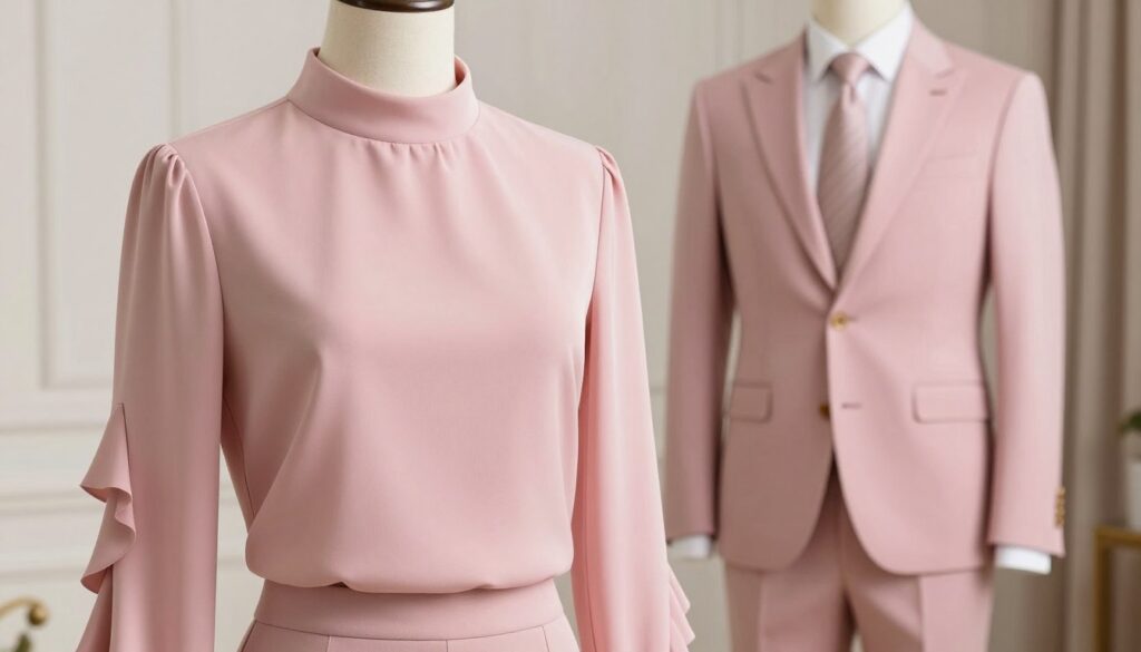 A stylish blouse in a soft pink shade, delicately draped, designed to pair seamlessly with a formal pink suit. The blouse features elegant details like subtle ruffles on the sleeves and a modern high neckline. In the foreground, the focus is on the blouse showcasing its texture and color against the suit, which is elegantly tailored and fitted. In the middle ground, the pink suit is displayed on a mannequin, styled in a sophisticated pose. The background is a soft, neutral-toned setting with elegant lighting that enhances the pastel colors without overpowering them. The overall mood is chic and professional, conveying a sense of refined elegance suitable for a high-end fashion article. A stylish blouse in a soft pink shade, delicately draped, designed to pair seamlessly with a formal pink suit. The blouse features elegant details like subtle ruffles on the sleeves and a modern high neckline. In the foreground, the focus is on the blouse showcasing its texture and color against the suit, which is elegantly tailored and fitted. In the middle ground, the pink suit is displayed on a mannequin, styled in a sophisticated pose. The background is a soft, neutral-toned setting with elegant lighting that enhances the pastel colors without overpowering them. The overall mood is chic and professional, conveying a sense of refined elegance suitable for a high-end fashion article.