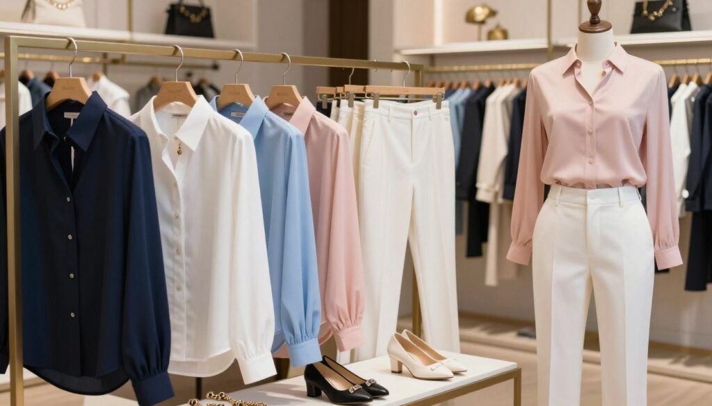 A stylish blouse selection for white trousers is displayed on a mannequin in an elegant boutique setting. The foreground features a rich variety of blouses in classic colors like navy blue and crisp white, alongside trendy pastel hues like soft blush pink and sky blue, showcasing different fabrics and textures. The middle ground includes tailored white trousers hanging neatly, while fashion accessories like elegant jewelry and chic shoes lie elegantly on a tasteful display shelf. The background is softly blurred with boutique shelves stocked with more clothing options, bathed in warm, inviting lighting. The scene conveys a sophisticated and trendy atmosphere, perfect for a fashion-focused article.
