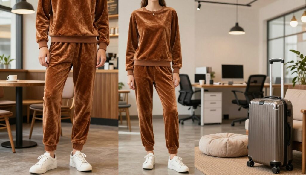 A stylish, caramel-colored velour tracksuit is presented in three fashionable settings: a casual coffee shop, a chic office environment, and a cozy travel scene. In the foreground, a model wearing the velour tracksuit, showcasing warm, earthy tones, complemented by minimal jewelry and elegant sneakers. In the middle, the backdrop transitions from the stylish coffee shop with soft, natural lighting and wooden furniture, to a modern office with sleek furniture and bright, professional lighting, ending with a comfortable travel setting featuring a trendy suitcase and soft cushions. The overall mood is warm and inviting, emphasizing comfort, style, and versatility for everyday wear, office attire, and travel looks. A stylish, caramel-colored velour tracksuit is presented in three fashionable settings: a casual coffee shop, a chic office environment, and a cozy travel scene. In the foreground, a model wearing the velour tracksuit, showcasing warm, earthy tones, complemented by minimal jewelry and elegant sneakers. In the middle, the backdrop transitions from the stylish coffee shop with soft, natural lighting and wooden furniture, to a modern office with sleek furniture and bright, professional lighting, ending with a comfortable travel setting featuring a trendy suitcase and soft cushions. The overall mood is warm and inviting, emphasizing comfort, style, and versatility for everyday wear, office attire, and travel looks.