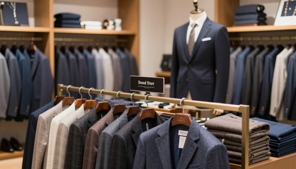 A stylish clothing store interior displaying a wide selection of men's blazers. In the foreground, a neatly arranged display of various blazers in different fabrics and colors, labeled with tags indicating size and price, creating a visually appealing assortment. The middle ground features a well-dressed male mannequin showcasing one of the trendy blazers, emphasizing modern cuts and detailing. The background shows stylish racks filled with more blazers and accessories, softly blurred to enhance focus on the foreground. Soft, warm lighting illuminates the scene, creating a welcoming atmosphere, with a slight depth-of-field effect for a professional look. The mood is chic and sophisticated, inviting viewers to explore fashion options. A stylish clothing store interior displaying a wide selection of men's blazers. In the foreground, a neatly arranged display of various blazers in different fabrics and colors, labeled with tags indicating size and price, creating a visually appealing assortment. The middle ground features a well-dressed male mannequin showcasing one of the trendy blazers, emphasizing modern cuts and detailing. The background shows stylish racks filled with more blazers and accessories, softly blurred to enhance focus on the foreground. Soft, warm lighting illuminates the scene, creating a welcoming atmosphere, with a slight depth-of-field effect for a professional look. The mood is chic and sophisticated, inviting viewers to explore fashion options.