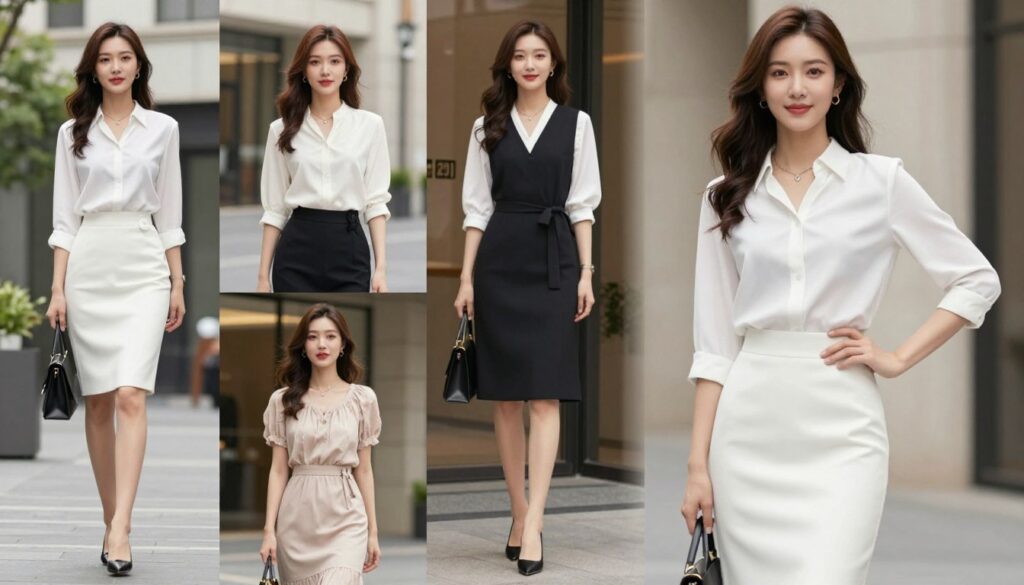 A stylish composition featuring a woman wearing a white skirt, showcasing various outfits suitable for different occasions: professional attire for work, casual chic for a day out in the city, a romantic look for a date, and elegant attire for an evening outing. In the foreground, focus on the woman with a confident posture, dressed in a smart blouse paired with the white skirt, accessorized appropriately for each setting. The middle ground should include a subtle blend of urban and office environments, with hints of greenery and architectural details. The background features soft, natural lighting that creates a warm and inviting atmosphere. Capture the image at eye level to emphasize the elegant style, aiming for a vibrant yet sophisticated mood.