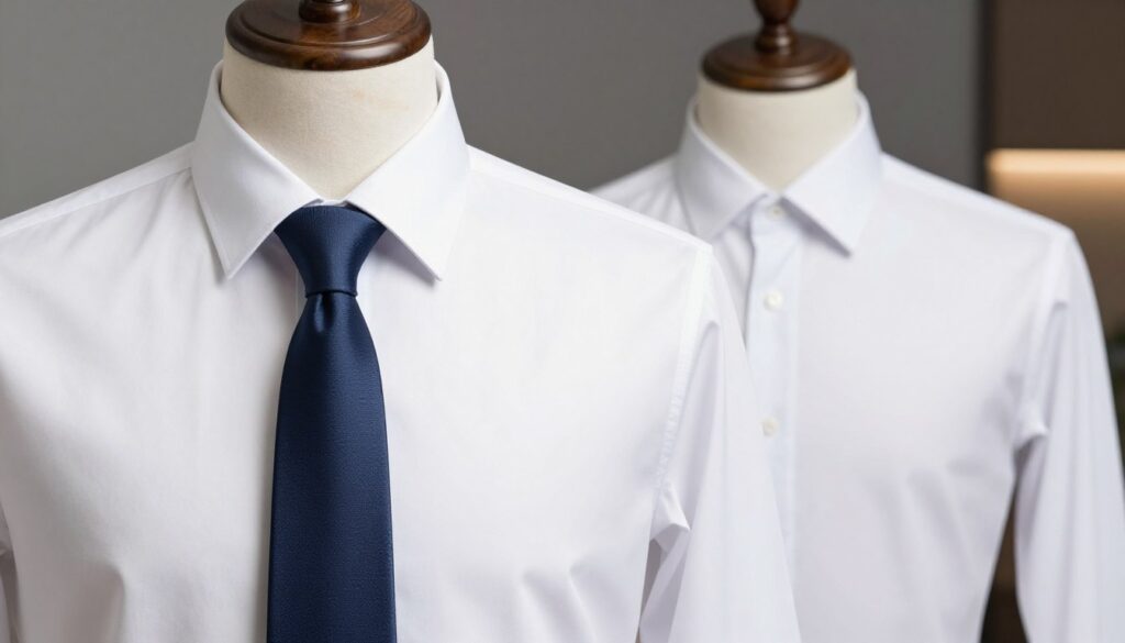 A stylish cutaway collar shirt displayed prominently in the foreground, emphasizing its sharp edge and unique design. The shirt is accompanied by a perfectly knotted tie, showcasing a classic yet modern aesthetic. The middle ground features a well-dressed mannequin or model, dressed in a crisp white shirt with an extreme cutaway collar, exuding professionalism and elegance. Soft, diffused lighting highlights the textures of the fabric, casting gentle shadows that add depth to the scene. In the background, a subtle gradient could hint at a sophisticated office environment, enhancing the overall mood of professionalism. The angle is slightly elevated, allowing for a full view of the collar's shaping and how it complements the tie, creating a visually appealing and informative illustration.