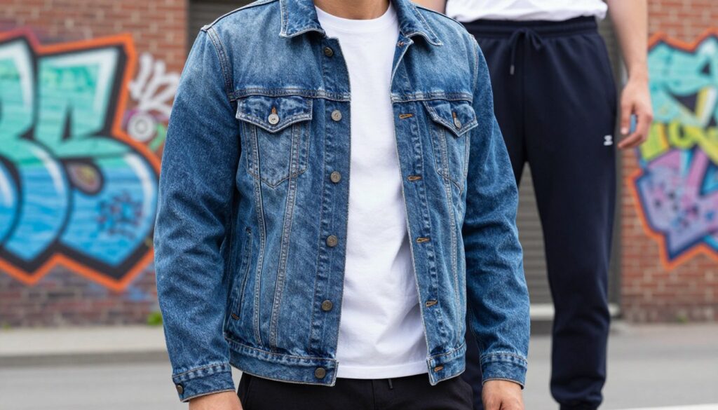 A stylish denim jacket displayed prominently in the foreground, showcasing a rich blue hue with subtle fading details that highlight its texture. The jacket is partially unbuttoned, revealing a simple, white crew neck t-shirt underneath, creating a casual yet trendy look. In the middle ground, a pair of dark jogger pants complement the outfit, blending sporty and chic elements. The background features a vibrant urban setting, with graffiti art and brick walls that enhance the streetwear vibe. The scene is illuminated by soft, natural light, capturing the essence of a sunny day. The focus is on the jacket's versatility, embodying both classic appeal and modern style, inviting viewers to appreciate its place in contemporary fashion. A stylish denim jacket displayed prominently in the foreground, showcasing a rich blue hue with subtle fading details that highlight its texture. The jacket is partially unbuttoned, revealing a simple, white crew neck t-shirt underneath, creating a casual yet trendy look. In the middle ground, a pair of dark jogger pants complement the outfit, blending sporty and chic elements. The background features a vibrant urban setting, with graffiti art and brick walls that enhance the streetwear vibe. The scene is illuminated by soft, natural light, capturing the essence of a sunny day. The focus is on the jacket's versatility, embodying both classic appeal and modern style, inviting viewers to appreciate its place in contemporary fashion.
