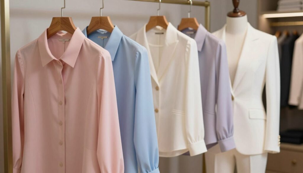 A stylish display of elegant blouses suitable for pairing with a white suit, arranged in a harmonious color palette. In the foreground, a selection of blouses in shades of soft pastels like blush pink, sky blue, and lavender, elegantly draped on a wooden mannequin. In the middle, hang a cream and light grey blouse to showcase their sophistication and versatility. The background features an elegant dressing room with muted tones and soft, diffused lighting that creates a warm, inviting atmosphere. The scene captures a sense of professional elegance and modern fashion, emphasizing the blouses' textures and colors without any distractions. The composition uses a shallow depth of field, focusing on the blouses while softly blurring the background. A stylish display of elegant blouses suitable for pairing with a white suit, arranged in a harmonious color palette. In the foreground, a selection of blouses in shades of soft pastels like blush pink, sky blue, and lavender, elegantly draped on a wooden mannequin. In the middle, hang a cream and light grey blouse to showcase their sophistication and versatility. The background features an elegant dressing room with muted tones and soft, diffused lighting that creates a warm, inviting atmosphere. The scene captures a sense of professional elegance and modern fashion, emphasizing the blouses' textures and colors without any distractions. The composition uses a shallow depth of field, focusing on the blouses while softly blurring the background.