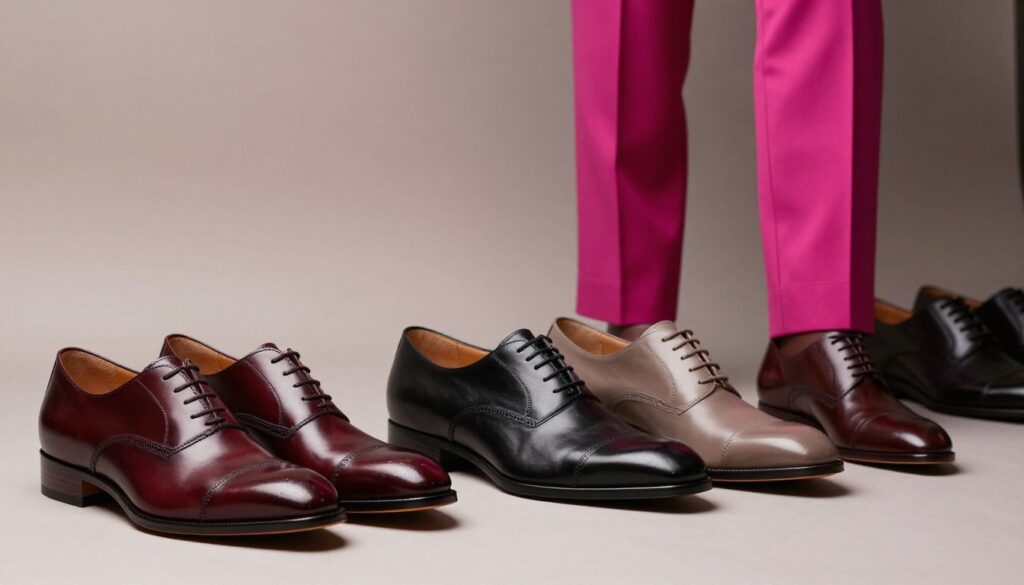 A stylish display of various shoe colors suitable for pairing with a fuchsia suit, arranged in a visually appealing way. In the foreground, showcase polished leather shoes in hues like deep burgundy, classic black, and soft taupe, with detailed textures highlighting their craftsmanship. In the middle, include a subtle gradient backdrop that complements the vibrant fuchsia, with elegant lighting casting soft shadows and enhancing the colors of the shoes. The background should fade to a sophisticated, neutral tone to maintain focus on the footwear. The overall mood is refined and fashionable, perfectly reflecting a modern aesthetic for formal occasions, evoking a sense of elegance without distractions. The image should be devoid of any text or branding. A stylish display of various shoe colors suitable for pairing with a fuchsia suit, arranged in a visually appealing way. In the foreground, showcase polished leather shoes in hues like deep burgundy, classic black, and soft taupe, with detailed textures highlighting their craftsmanship. In the middle, include a subtle gradient backdrop that complements the vibrant fuchsia, with elegant lighting casting soft shadows and enhancing the colors of the shoes. The background should fade to a sophisticated, neutral tone to maintain focus on the footwear. The overall mood is refined and fashionable, perfectly reflecting a modern aesthetic for formal occasions, evoking a sense of elegance without distractions. The image should be devoid of any text or branding.