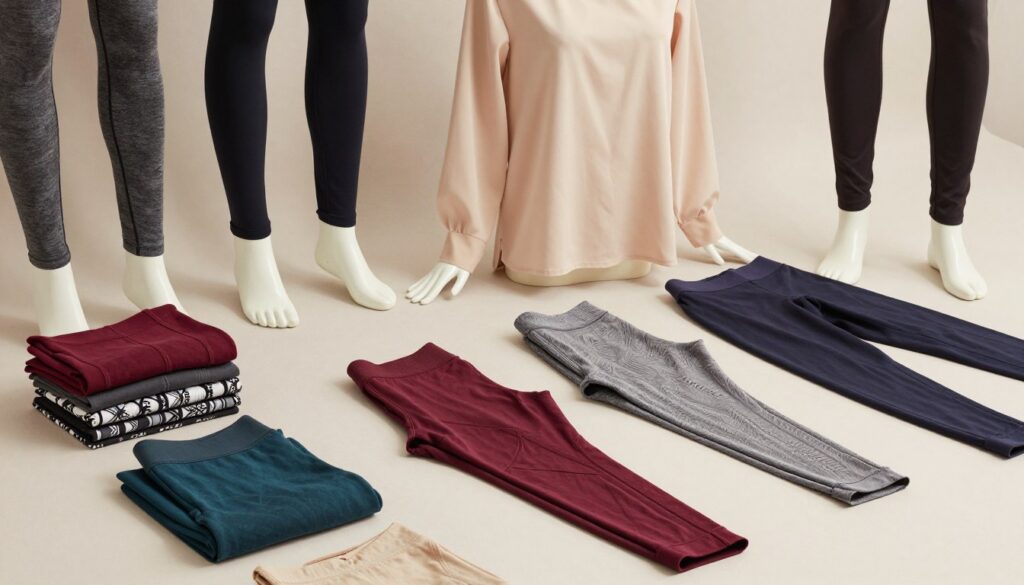 A stylish display of various types of leggings showcased on a neutral-colored background. In the foreground, attractively folded and arranged leggings in different fabrics and styles, such as high-waisted, patterned, and athleisure, each displaying vibrant colors. The middle ground features a mannequin dressed in a fashionable, modest blouse that complements the leggings, emphasizing the balance of proportions and suitable outfit combinations. Soft, diffuse lighting enhances the textures of the materials, creating an inviting atmosphere. The angle is slightly elevated to capture the outfits’ details and the overall layout harmoniously. The scene evokes a sense of fashion-forwardness and practicality, perfect for showcasing outfit ideas. A stylish display of various types of leggings showcased on a neutral-colored background. In the foreground, attractively folded and arranged leggings in different fabrics and styles, such as high-waisted, patterned, and athleisure, each displaying vibrant colors. The middle ground features a mannequin dressed in a fashionable, modest blouse that complements the leggings, emphasizing the balance of proportions and suitable outfit combinations. Soft, diffuse lighting enhances the textures of the materials, creating an inviting atmosphere. The angle is slightly elevated to capture the outfits’ details and the overall layout harmoniously. The scene evokes a sense of fashion-forwardness and practicality, perfect for showcasing outfit ideas.