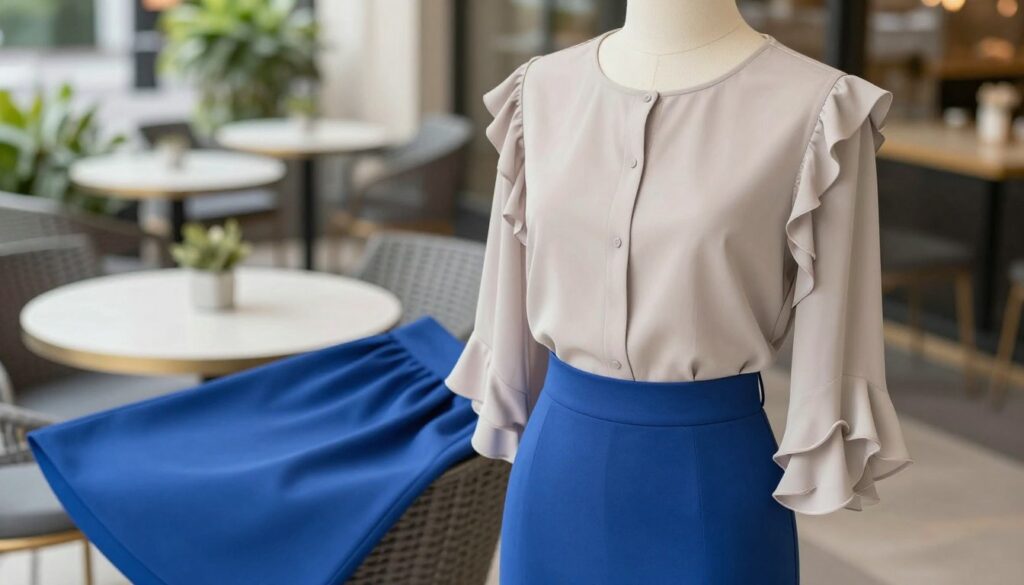 A stylish, elegant blouse that complements a blue skirt, showcasing a modern yet sophisticated design. The blouse features a tailored fit with subtle ruffles at the sleeves and a soft, flowing fabric in a neutral tone to balance the vivid color of the skirt. The setting is a chic outdoor café with soft, natural lighting, capturing the essence of a sunny day. In the foreground, the blouse is elegantly displayed on a mannequin to emphasize the fit and design, with a blurred focus on the vibrant blue skirt in the middle ground. In the background, a hint of greenery and stylish café seating adds depth and atmosphere, creating a fresh and fashionable mood. The shot is taken from a slight overhead angle to showcase both garments harmoniously. A stylish, elegant blouse that complements a blue skirt, showcasing a modern yet sophisticated design. The blouse features a tailored fit with subtle ruffles at the sleeves and a soft, flowing fabric in a neutral tone to balance the vivid color of the skirt. The setting is a chic outdoor café with soft, natural lighting, capturing the essence of a sunny day. In the foreground, the blouse is elegantly displayed on a mannequin to emphasize the fit and design, with a blurred focus on the vibrant blue skirt in the middle ground. In the background, a hint of greenery and stylish café seating adds depth and atmosphere, creating a fresh and fashionable mood. The shot is taken from a slight overhead angle to showcase both garments harmoniously.