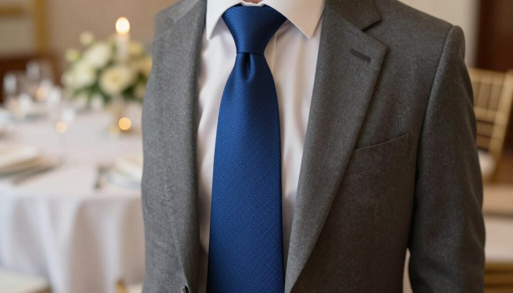 A stylish, elegant tie showcased prominently in the foreground, draped over a smooth, dark gray suit jacket. The tie is a vibrant shade of deep blue with intricate patterns that evoke a sense of sophistication, perfect for various occasions like business meetings and weddings. In the middle ground, a softly lit, refined setting is depicted, perhaps a tastefully decorated table with subtle bokeh effects from warm light sources, enhancing the festive yet professional atmosphere. The background features soft hints of elegant decor, suggesting an upscale environment suitable for formal and semi-formal events. The lighting is warm and inviting, creating a mood of celebration and professionalism. The focus is sharp on the tie, accentuating its details, while the background remains slightly blurred to maintain emphasis on the subject.