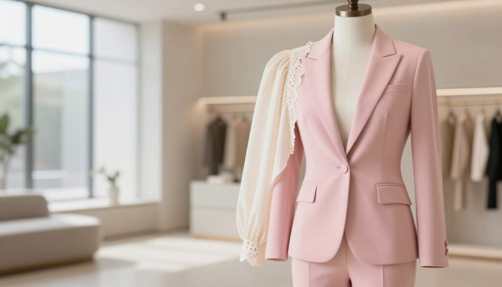 A stylish, elegantly tailored pink suit displayed on a sleek mannequin in a bright, minimalist fashion boutique. The suit features a fitted blazer with sharp lapels, perfectly paired with tailored trousers. In the foreground, a soft cream blouse with delicate lace accents is draped subtly around the shoulders of the mannequin, providing a harmonious contrast to the bold pink. The background is softly blurred, showcasing a modern interior with neutral tones, allowing the pink suit to stand out. Natural light filters through large windows, casting a warm glow that enhances the overall chic atmosphere, emphasizing sophistication and modern elegance. Shot from a slightly elevated angle to capture the details of both the suit and the blouse effectively. A stylish, elegantly tailored pink suit displayed on a sleek mannequin in a bright, minimalist fashion boutique. The suit features a fitted blazer with sharp lapels, perfectly paired with tailored trousers. In the foreground, a soft cream blouse with delicate lace accents is draped subtly around the shoulders of the mannequin, providing a harmonious contrast to the bold pink. The background is softly blurred, showcasing a modern interior with neutral tones, allowing the pink suit to stand out. Natural light filters through large windows, casting a warm glow that enhances the overall chic atmosphere, emphasizing sophistication and modern elegance. Shot from a slightly elevated angle to capture the details of both the suit and the blouse effectively.