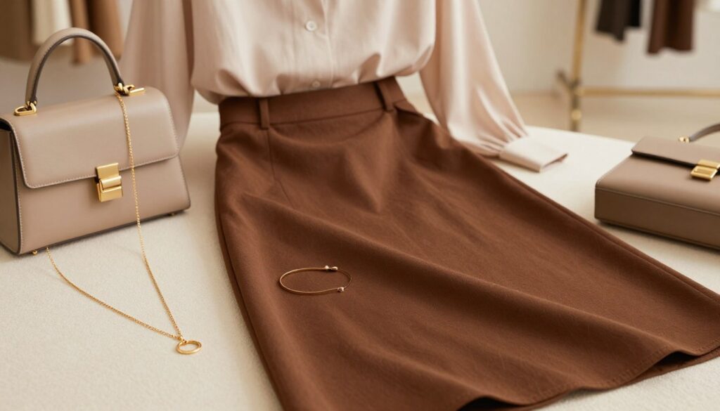A stylish ensemble featuring a brown skirt paired with complementary accessories. In the foreground, showcase a delicate gold necklace, a slim bracelet, and a chic handbag, all positioned elegantly on a soft, textured fabric that enhances their appeal. In the middle ground, highlight the brown skirt, draped gracefully with a lightweight blouse in a light, modern color, emphasizing a fresh look. The background should consist of a softly blurred fashion studio, with gentle, warm lighting that casts an inviting glow over the scene. The overall mood is modern and sophisticated, perfect for a contemporary fashion article setting. Use a shallow depth of field to keep focus on the outfit and accessories, ensuring a polished, professional composition.