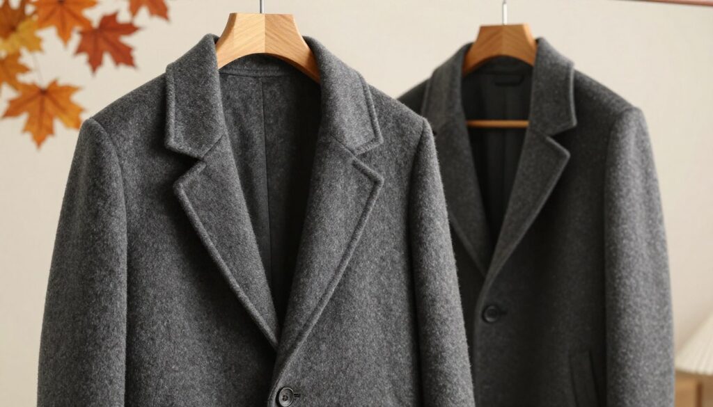 A stylish fall coat displayed on a wooden hanger against a soft, neutral backdrop. The coat features a tailored fit, crafted from high-quality, rich wool fabric in a deep charcoal grey, accented by subtle textures that hint at luxury. In the foreground, a close-up of the coat reveals fine stitching and a classic lapel design. The middle ground showcases the coat draped elegantly, highlighting its structured silhouette. In the background, a blurred scene of autumn leaves in warm hues of orange and gold creates a cozy atmosphere. Soft, diffused lighting casts gentle shadows, enhancing the coat's details and inviting the viewer to imagine it as a staple piece for a sophisticated fall wardrobe. A stylish fall coat displayed on a wooden hanger against a soft, neutral backdrop. The coat features a tailored fit, crafted from high-quality, rich wool fabric in a deep charcoal grey, accented by subtle textures that hint at luxury. In the foreground, a close-up of the coat reveals fine stitching and a classic lapel design. The middle ground showcases the coat draped elegantly, highlighting its structured silhouette. In the background, a blurred scene of autumn leaves in warm hues of orange and gold creates a cozy atmosphere. Soft, diffused lighting casts gentle shadows, enhancing the coat's details and inviting the viewer to imagine it as a staple piece for a sophisticated fall wardrobe.