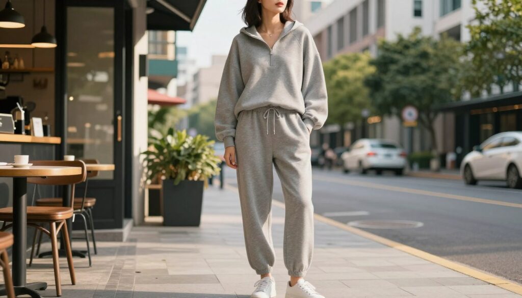 A stylish female figure confidently wears an oversized gray tracksuit, showcasing the versatility of this contemporary fashion choice. The foreground features her standing in a chic urban setting, with a cozy café in view. The middle ground displays a vibrant city street with warm afternoon sunlight casting gentle shadows, highlighting the soft drape of the fabric. In the background, modern architecture contrasts with lush greenery, creating a balanced composition. She accessorizes with minimal jewelry and stylish sneakers to keep the look casual yet polished. The overall ambiance is relaxed yet fashionable, emphasizing comfort while enhancing the silhouette. Capture the scene with a soft focus effect and warm lighting to impart an inviting, effortless vibe. A stylish female figure confidently wears an oversized gray tracksuit, showcasing the versatility of this contemporary fashion choice. The foreground features her standing in a chic urban setting, with a cozy café in view. The middle ground displays a vibrant city street with warm afternoon sunlight casting gentle shadows, highlighting the soft drape of the fabric. In the background, modern architecture contrasts with lush greenery, creating a balanced composition. She accessorizes with minimal jewelry and stylish sneakers to keep the look casual yet polished. The overall ambiance is relaxed yet fashionable, emphasizing comfort while enhancing the silhouette. Capture the scene with a soft focus effect and warm lighting to impart an inviting, effortless vibe.