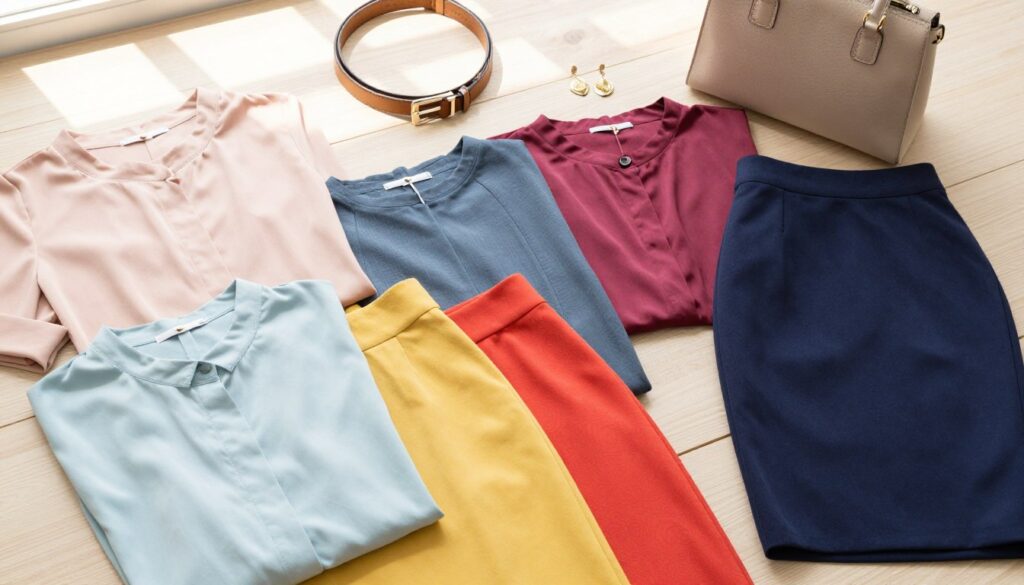 A stylish flat lay composition showcasing a variety of professional outfits ideal for pairing with a pencil skirt. The foreground features a neatly arranged selection of blouses in soft pastels and vibrant colors, displayed alongside a pencil skirt. Soft fabrics like silk and cotton are included, with subtle patterns and textures. The middle ground includes accessories such as a sleek belt, elegant earrings, and a minimalist handbag, emphasizing cohesion in styling. The background features a light wooden surface, softly illuminated by natural daylight to create a warm, inviting atmosphere. The overall mood is sophisticated yet approachable, reflecting the essence of modern professional attire that balances comfort and style throughout the day. A stylish flat lay composition showcasing a variety of professional outfits ideal for pairing with a pencil skirt. The foreground features a neatly arranged selection of blouses in soft pastels and vibrant colors, displayed alongside a pencil skirt. Soft fabrics like silk and cotton are included, with subtle patterns and textures. The middle ground includes accessories such as a sleek belt, elegant earrings, and a minimalist handbag, emphasizing cohesion in styling. The background features a light wooden surface, softly illuminated by natural daylight to create a warm, inviting atmosphere. The overall mood is sophisticated yet approachable, reflecting the essence of modern professional attire that balances comfort and style throughout the day.