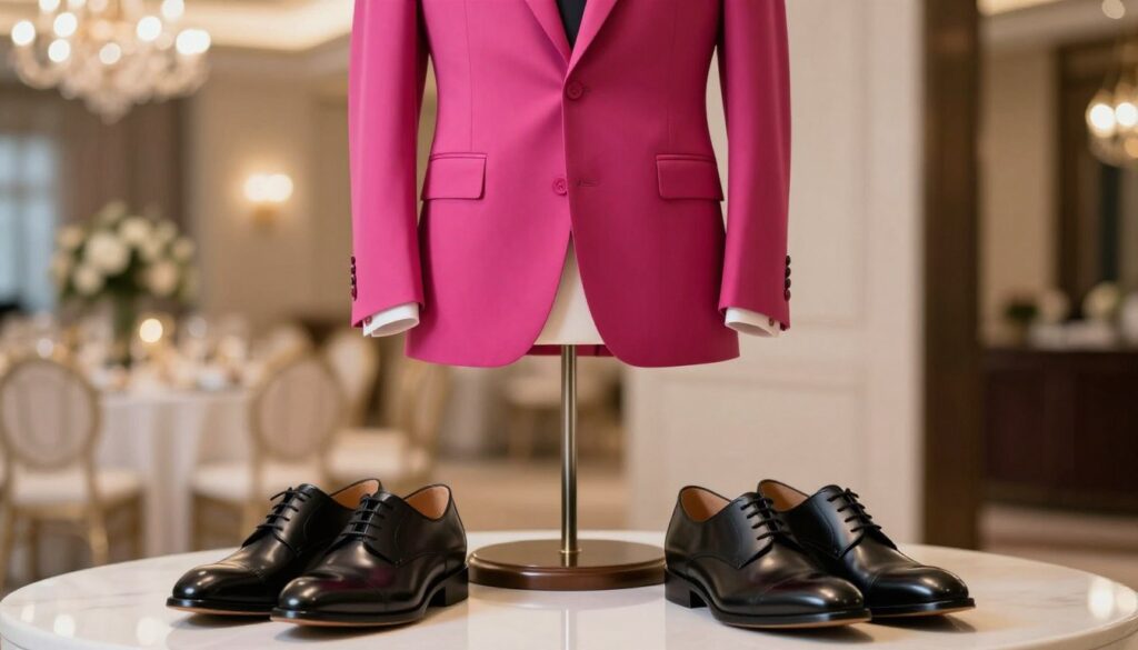 A stylish fuchsia suit showcased in a modern, elegant setting. In the foreground, a pair of polished black leather shoes perfectly complements the suit, reflecting soft, warm light. The middle ground features a well-tailored fuchsia suit hanging on a stylish mannequin, adorned with subtle accessories like a pocket square and cufflinks that match the vibrancy of the suit. In the background, a blurred upscale venue evokes a sense of sophistication, perhaps a banquet hall or wedding setting, with soft bokeh lighting that enhances the atmosphere. The overall mood is chic and celebratory, suggesting versatility for events ranging from weddings to casual gatherings. The lighting is softly diffused, creating a welcoming and luxurious ambiance. A stylish fuchsia suit showcased in a modern, elegant setting. In the foreground, a pair of polished black leather shoes perfectly complements the suit, reflecting soft, warm light. The middle ground features a well-tailored fuchsia suit hanging on a stylish mannequin, adorned with subtle accessories like a pocket square and cufflinks that match the vibrancy of the suit. In the background, a blurred upscale venue evokes a sense of sophistication, perhaps a banquet hall or wedding setting, with soft bokeh lighting that enhances the atmosphere. The overall mood is chic and celebratory, suggesting versatility for events ranging from weddings to casual gatherings. The lighting is softly diffused, creating a welcoming and luxurious ambiance.