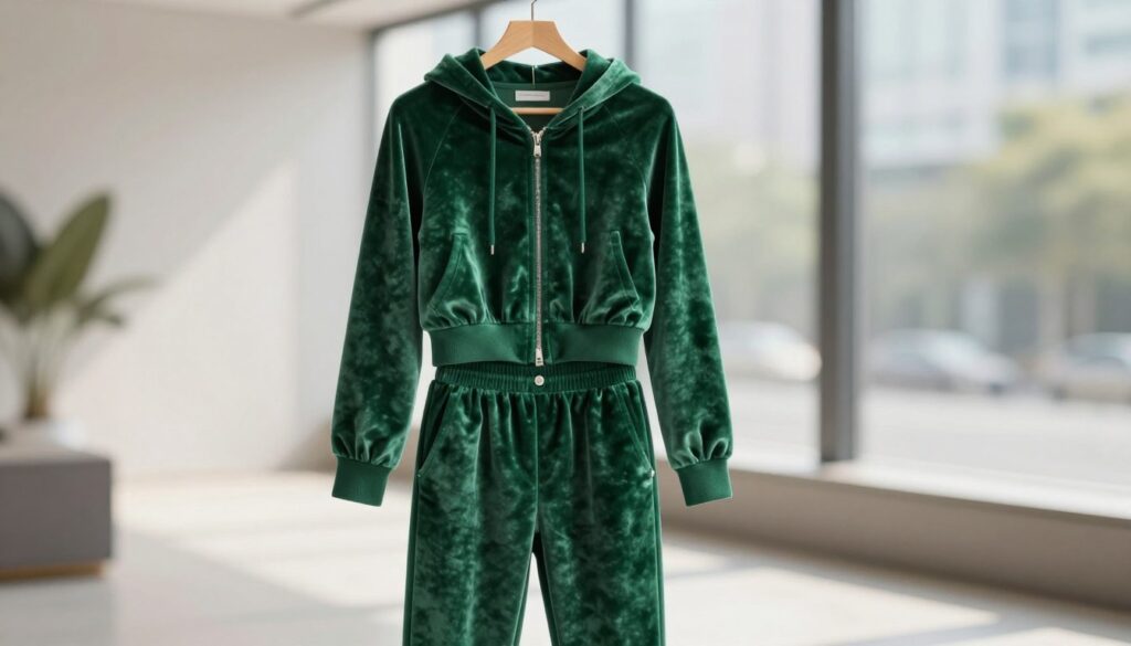 A stylish green velvet tracksuit, consisting of a cropped zip-up hoodie and matching joggers, elegantly displayed. The tracksuit features a subtle sheen, highlighting its luxurious texture. In the foreground, the outfit is showcased on a minimalist hanger against a softly blurred backdrop of a modern urban setting. Natural light filters through large windows, casting soft shadows and enhancing the rich green color of the fabric. The scene conveys a relaxed yet chic atmosphere, perfect for casual outings. No additional accessories or distractions in the frame, allowing the outfit to take center stage. The composition focuses on form and fit, enticing viewers to appreciate the vibrant color and sumptuous material of the ensemble. A stylish green velvet tracksuit, consisting of a cropped zip-up hoodie and matching joggers, elegantly displayed. The tracksuit features a subtle sheen, highlighting its luxurious texture. In the foreground, the outfit is showcased on a minimalist hanger against a softly blurred backdrop of a modern urban setting. Natural light filters through large windows, casting soft shadows and enhancing the rich green color of the fabric. The scene conveys a relaxed yet chic atmosphere, perfect for casual outings. No additional accessories or distractions in the frame, allowing the outfit to take center stage. The composition focuses on form and fit, enticing viewers to appreciate the vibrant color and sumptuous material of the ensemble.