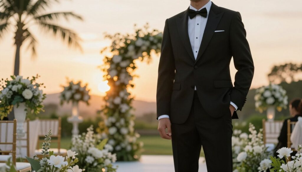 A stylish groom wearing a sharp black wedding suit stands confidently in a beautifully decorated outdoor wedding venue. The suit is tailored with precise lines and a slim fit, complemented by a crisp white dress shirt and a sleek black bow tie. In the foreground, the groom poses with one hand in his pocket, showcasing the elegance of his outfit. The middle ground features soft greenery and delicate floral arrangements, enhancing the romantic atmosphere. The background captures a picturesque sunset, casting warm golden light across the scene, creating a dreamy, magical mood. The image is shot from a low angle with a slight depth of field, drawing the viewer's focus to the groom while softly blurring the surroundings. A stylish groom wearing a sharp black wedding suit stands confidently in a beautifully decorated outdoor wedding venue. The suit is tailored with precise lines and a slim fit, complemented by a crisp white dress shirt and a sleek black bow tie. In the foreground, the groom poses with one hand in his pocket, showcasing the elegance of his outfit. The middle ground features soft greenery and delicate floral arrangements, enhancing the romantic atmosphere. The background captures a picturesque sunset, casting warm golden light across the scene, creating a dreamy, magical mood. The image is shot from a low angle with a slight depth of field, drawing the viewer's focus to the groom while softly blurring the surroundings.