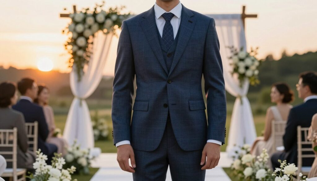 A stylish groom wearing a tailored checkered suit, standing confidently in an elegant outdoor wedding setting. The foreground features the groom's well-fitted suit, showcasing a dark blue and grey check pattern with a subtle sheen. In the middle, a beautifully arranged wedding ceremony is visible, with floral decorations and soft seating under a gently lit canopy. The background captures a serene sunset, casting a warm golden glow over the scene. Soft focus on the edges enhances the central subject, while delicate lighting highlights the textures of the groom's suit. The mood is sophisticated yet approachable, reflecting a blend of tradition and modern elegance, perfect for a wedding in spring or autumn. A stylish groom wearing a tailored checkered suit, standing confidently in an elegant outdoor wedding setting. The foreground features the groom's well-fitted suit, showcasing a dark blue and grey check pattern with a subtle sheen. In the middle, a beautifully arranged wedding ceremony is visible, with floral decorations and soft seating under a gently lit canopy. The background captures a serene sunset, casting a warm golden glow over the scene. Soft focus on the edges enhances the central subject, while delicate lighting highlights the textures of the groom's suit. The mood is sophisticated yet approachable, reflecting a blend of tradition and modern elegance, perfect for a wedding in spring or autumn.