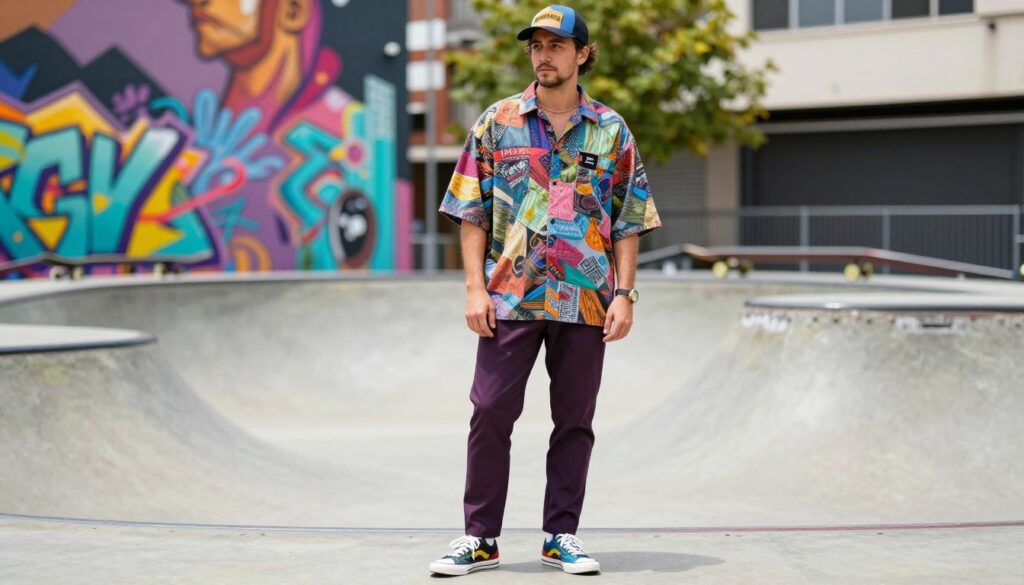 A stylish male figure stands confidently in a vibrant urban setting that evokes the essence of the 90s. He wears a modern interpretation of classic 90s fashion, featuring a loose-fitting, patterned oversized button-up shirt paired with tailored, tapered trousers. Accessories include colorful sneakers and a retro baseball cap, adding a youthful touch. The foreground focuses on his confident pose, while the background showcases lively street art and a skate park, infused with vivid colors and dynamic elements. The lighting is bright and cheerful, capturing a sunny afternoon vibe, with soft shadows enhancing the scene. The mood is energetic and nostalgic, reflecting a blend of contemporary flair and vintage charm, conveying a feeling of modernity without crossing into kitsch.