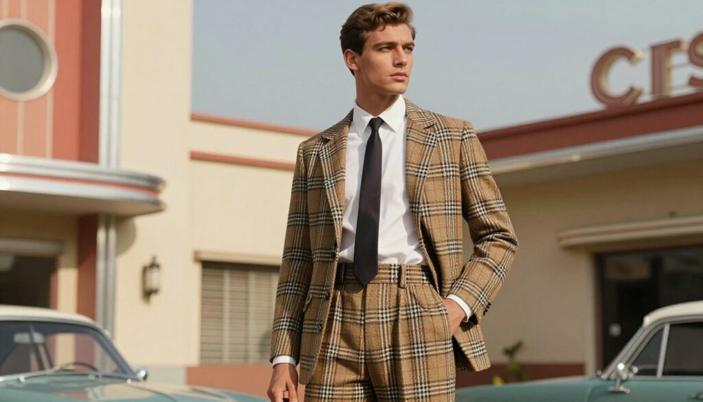 A stylish male model is dressed in iconic 1960s fashion, showcasing high-waisted trousers and a fitted blazer in a bold plaid pattern. He pairs it with a crisp white collared shirt and a slim tie, emphasizing the era's sharp silhouettes. The model stands confidently in a vibrant urban setting, with retro architecture visible in the background, capturing the spirit of the decade. Soft afternoon light casts gentle shadows, creating a warm and nostalgic atmosphere. The angle is slightly low, accentuating the model's confident stance and the intricate details of his outfit. Surrounding him, hints of vintage cars and period-appropriate elements add context, evoking the essence of 1960s men's fashion trends.