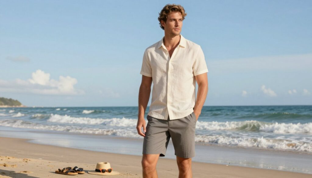 A stylish male model standing confidently on a sunny beach, demonstrating how to choose flattering beachwear based on body type. In the foreground, the model is dressed in tailored shorts and a lightweight, casual button-up shirt, showcasing different fits that complement various body shapes. The middle ground features beach accessories like sandals, a beach hat, and color-coordinated sunglasses. The background includes waves gently lapping the shore and a clear blue sky with soft clouds, enhancing the summery atmosphere. Soft, natural lighting casts a warm glow on the scene, emphasizing the model's confident stance and approachable demeanor. The overall mood is relaxed and inviting, perfect for summer fashion inspiration. A stylish male model standing confidently on a sunny beach, demonstrating how to choose flattering beachwear based on body type. In the foreground, the model is dressed in tailored shorts and a lightweight, casual button-up shirt, showcasing different fits that complement various body shapes. The middle ground features beach accessories like sandals, a beach hat, and color-coordinated sunglasses. The background includes waves gently lapping the shore and a clear blue sky with soft clouds, enhancing the summery atmosphere. Soft, natural lighting casts a warm glow on the scene, emphasizing the model's confident stance and approachable demeanor. The overall mood is relaxed and inviting, perfect for summer fashion inspiration.