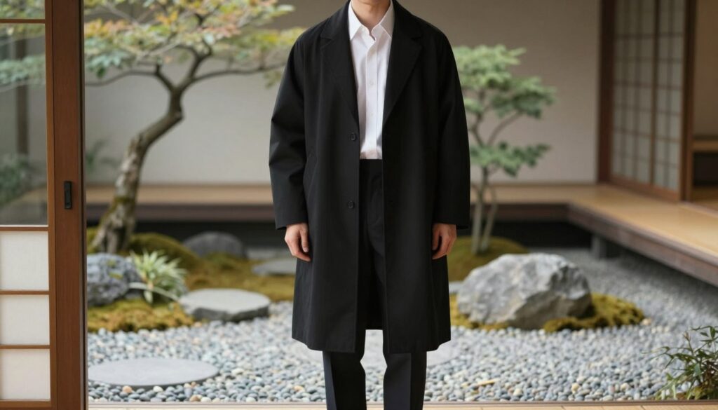 A stylish male model stands confidently in a contemporary Japanese fashion setting, showcasing essential pillars of men's wardrobe. His outfit features a layered ensemble of minimalist, tailored pieces: a sleek, oversized black coat over a fitted white shirt, paired with structured, cropped trousers. The model exudes a sense of calm and sophistication, with a backdrop of a serene, Zen-inspired garden, complete with smooth pebbles and subtle greenery. Soft, diffused lighting highlights the textures of the fabrics, while a shallow depth of field draws attention to the fashion details. The mood is modern and tranquil, embodying the essence of Japanese minimalism. This image reflects the principles of layering and simplicity in daily styling, ensuring a professional yet relaxed atmosphere. A stylish male model stands confidently in a contemporary Japanese fashion setting, showcasing essential pillars of men's wardrobe. His outfit features a layered ensemble of minimalist, tailored pieces: a sleek, oversized black coat over a fitted white shirt, paired with structured, cropped trousers. The model exudes a sense of calm and sophistication, with a backdrop of a serene, Zen-inspired garden, complete with smooth pebbles and subtle greenery. Soft, diffused lighting highlights the textures of the fabrics, while a shallow depth of field draws attention to the fashion details. The mood is modern and tranquil, embodying the essence of Japanese minimalism. This image reflects the principles of layering and simplicity in daily styling, ensuring a professional yet relaxed atmosphere.
