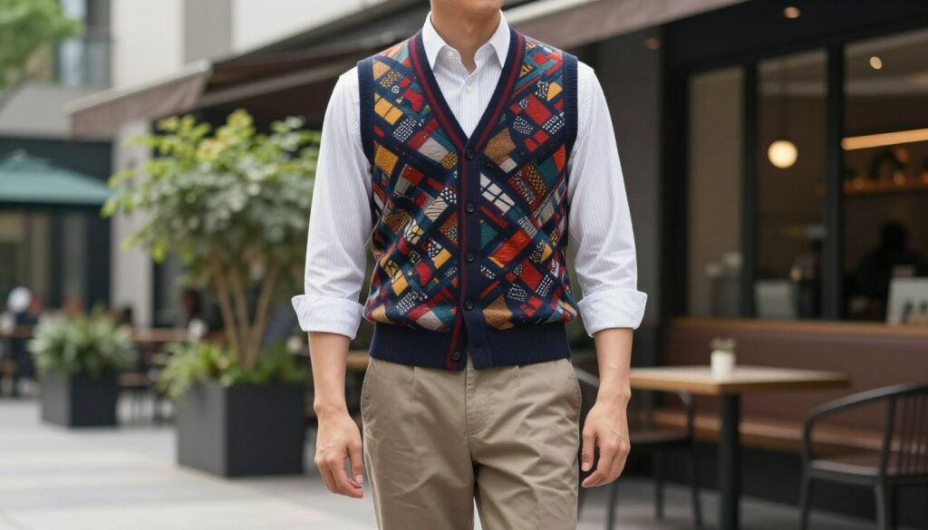 A stylish male model wearing a patterned sleeveless vest stands confidently in the foreground, showcasing a bold geometric design in vibrant colors. He pairs the vest with a crisp white shirt featuring subtle stripes and tailored chinos that are slightly rolled up for a relaxed look. The background features a modern urban setting with soft-focus greenery and a trendy café, indicating a casual yet fashionable atmosphere. Natural light illuminates the scene, casting gentle shadows that enhance the textures of the clothing. The angle is slightly low, capturing the model from the waist up, exuding a sense of depth and character. This image reflects a contemporary take on layering, perfect for modern men's fashion styling. A stylish male model wearing a patterned sleeveless vest stands confidently in the foreground, showcasing a bold geometric design in vibrant colors. He pairs the vest with a crisp white shirt featuring subtle stripes and tailored chinos that are slightly rolled up for a relaxed look. The background features a modern urban setting with soft-focus greenery and a trendy café, indicating a casual yet fashionable atmosphere. Natural light illuminates the scene, casting gentle shadows that enhance the textures of the clothing. The angle is slightly low, capturing the model from the waist up, exuding a sense of depth and character. This image reflects a contemporary take on layering, perfect for modern men's fashion styling.