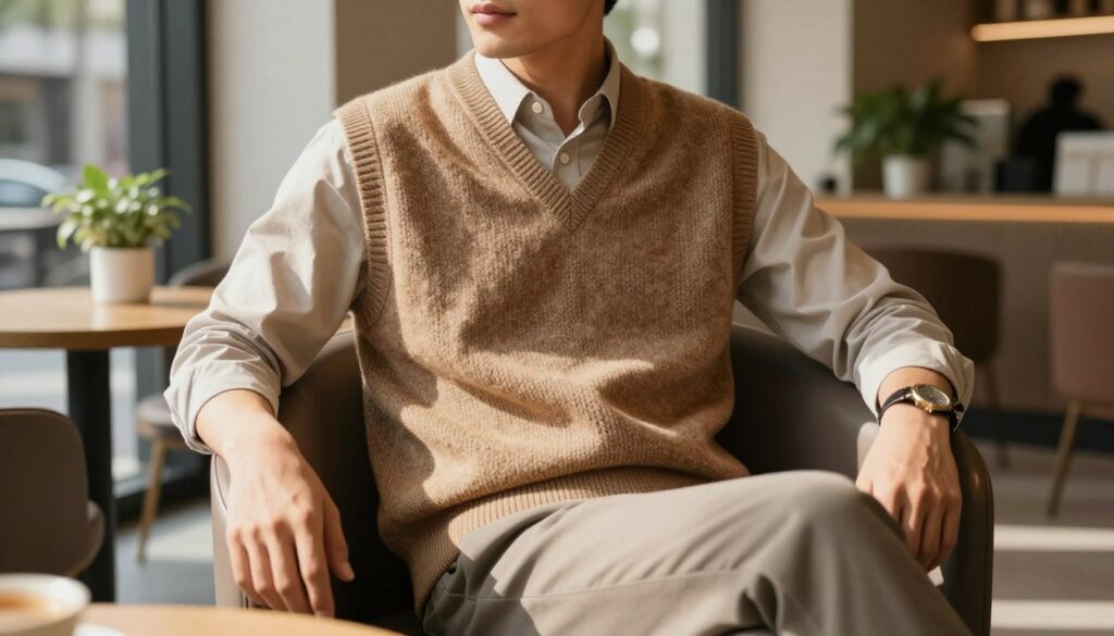 A stylish man wearing a knitted vest, seated casually in a modern café. The vest is made of a soft, textured fabric in a warm earth tone, layered over a light shirt and complemented with smart-casual trousers. His expression is relaxed and confident, embodying comfort and style. In the background, there are hints of urban decor, such as potted plants and soft lighting creating a cozy ambiance. The scene is well-lit with natural sunlight streaming in through large windows, casting gentle shadows. The angle is slightly above eye level, focusing on the man's outfit while hinting at the lively café atmosphere around him. The overall mood is relaxed yet fashionable, illustrating how a knitted vest can provide comfort without sacrificing style.