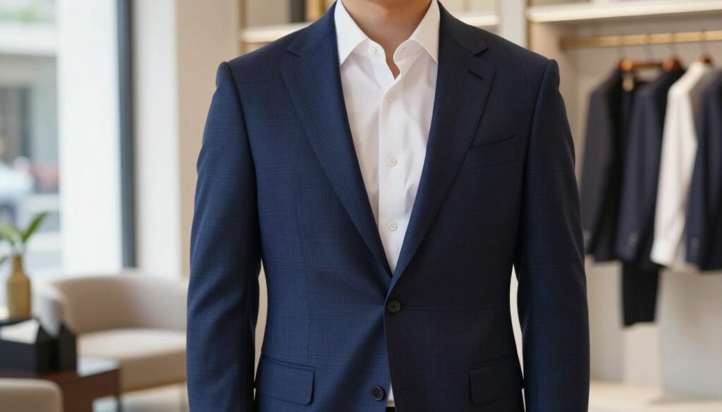 A stylish men's blazer is prominently displayed in the foreground, showcasing a modern cut tailored for a contemporary male silhouette. The fabric is a rich navy blue with subtle checks and a slight sheen, reflecting quality craftsmanship. The blazer is styled with a crisp white dress shirt underneath, giving an elegant contrast. In the middle ground, a softly blurred boutique setting is suggested, featuring minimalist decor and hangers displaying other fashionable menswear, evoking a sophisticated shopping experience. Bright, natural light streams in from a window, enhancing the fabric's texture and creating a warm atmosphere. The overall mood is chic and aspirational, appealing to fashion-forward individuals seeking to refine their wardrobe. A stylish men's blazer is prominently displayed in the foreground, showcasing a modern cut tailored for a contemporary male silhouette. The fabric is a rich navy blue with subtle checks and a slight sheen, reflecting quality craftsmanship. The blazer is styled with a crisp white dress shirt underneath, giving an elegant contrast. In the middle ground, a softly blurred boutique setting is suggested, featuring minimalist decor and hangers displaying other fashionable menswear, evoking a sophisticated shopping experience. Bright, natural light streams in from a window, enhancing the fabric's texture and creating a warm atmosphere. The overall mood is chic and aspirational, appealing to fashion-forward individuals seeking to refine their wardrobe.