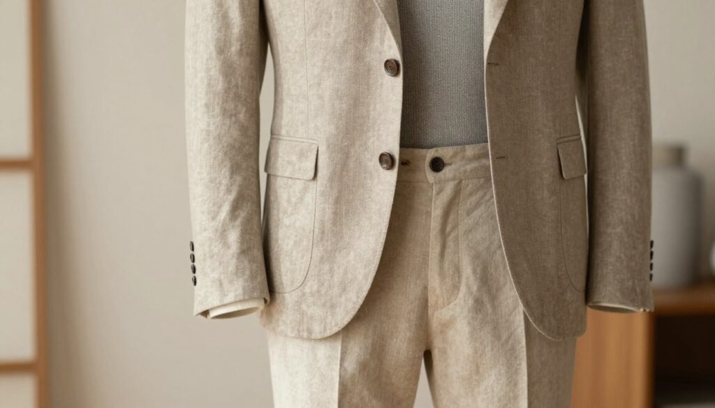 A stylish men’s outfit displayed on a mannequin, showcasing neutral colors such as beige, taupe, and soft gray. The outfit includes a tailored blazer and slim-fit trousers made of natural fabrics like linen and cotton, exuding a sense of relaxed elegance. In the foreground, delicate textures of the fabrics, highlighted by natural soft lighting, draw the eye. The middle ground features a simple, minimalist backdrop with subtle wooden elements to evoke a sophisticated ambience. The background is softly blurred with warm, diffused lighting, creating a calm and inviting atmosphere, perfect for illustrating the essence of effortless French fashion. A stylish men’s outfit displayed on a mannequin, showcasing neutral colors such as beige, taupe, and soft gray. The outfit includes a tailored blazer and slim-fit trousers made of natural fabrics like linen and cotton, exuding a sense of relaxed elegance. In the foreground, delicate textures of the fabrics, highlighted by natural soft lighting, draw the eye. The middle ground features a simple, minimalist backdrop with subtle wooden elements to evoke a sophisticated ambience. The background is softly blurred with warm, diffused lighting, creating a calm and inviting atmosphere, perfect for illustrating the essence of effortless French fashion.