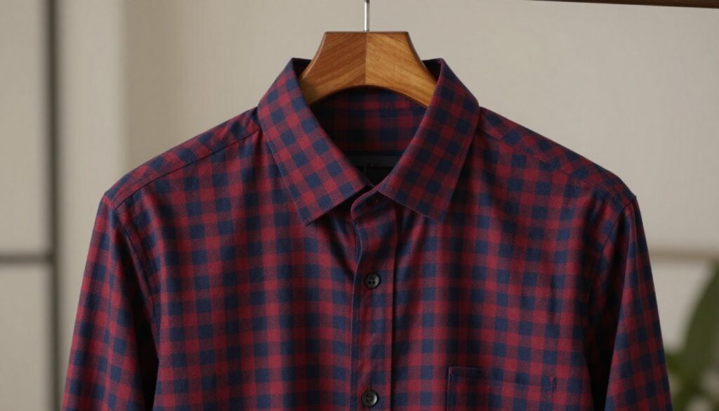 A stylish men's shirt displayed prominently, featuring a classic checkered pattern in rich hues of navy blue and deep red, capturing the essence of contemporary men's fashion trends. The shirt is neatly tailored, hanging on a wooden hanger against a softly blurred neutral-toned background to accentuate its colors and texture. The lighting is warm and inviting, creating subtle shadows that enhance the shirt's fabric and pattern details. The scene conveys a sense of sophistication and style, aimed at emphasizing the importance of pattern and texture in men's wardrobe choices. This image should be framed from a slightly elevated angle, highlighting the shirt's collar and the intricacy of the checkered design, while excluding any text or graphical elements. A stylish men's shirt displayed prominently, featuring a classic checkered pattern in rich hues of navy blue and deep red, capturing the essence of contemporary men's fashion trends. The shirt is neatly tailored, hanging on a wooden hanger against a softly blurred neutral-toned background to accentuate its colors and texture. The lighting is warm and inviting, creating subtle shadows that enhance the shirt's fabric and pattern details. The scene conveys a sense of sophistication and style, aimed at emphasizing the importance of pattern and texture in men's wardrobe choices. This image should be framed from a slightly elevated angle, highlighting the shirt's collar and the intricacy of the checkered design, while excluding any text or graphical elements.