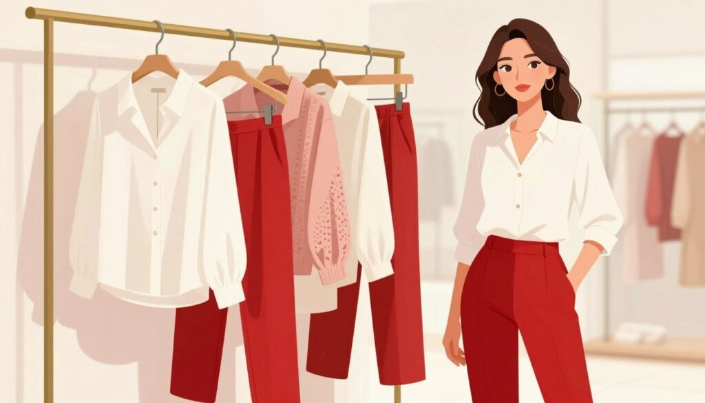 A stylish, modern fashion illustration featuring an elegant woman standing next to a rack of blouses paired with red trousers, showcasing different outfit combinations for various occasions. In the foreground, the woman wears a sophisticated blouse that balances well with the bold red pants, exhibiting a chic, polished look. The middle layer includes a diverse array of blouses hanging, highlighting colors and textures that complement red, such as soft whites, pastel shades, and subtle patterns. The background is a bright, airy boutique setting with soft, natural lighting, capturing a warm atmosphere. The lens focuses on the outfits, embellished with soft shadows to create depth and emphasize the fashion choices. The mood is inviting and stylish, aiming to inspire readers with approachable yet fashionable outfit ideas.