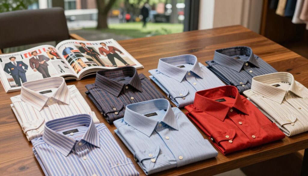 A stylish, modern interpretation of 1980s men's shirts, showcasing a variety of collars and patterns. Foreground features a collection of vibrant dress shirts with wide shoulders, expertly tailored and neatly arranged. Each shirt displays unique patterns: stripes, checks, and bold colors that capture the essence of the era. In the middle, a well-lit workspace setting, with a polished wooden desk and fashion magazines featuring men’s fashion trends from the 80s. In the background, a soft-focus city park scene with greenery, suggesting a casual outing. The overall atmosphere is a blend of sophistication and casual elegance, enhanced by warm, diffused lighting that creates a welcoming, nostalgic feel. The image emphasizes professionalism and style without using any text or branding elements.