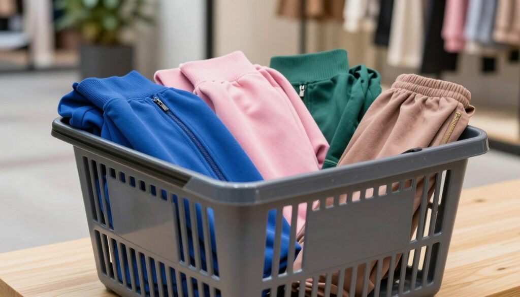 A stylish, modern shopping basket filled with a variety of vibrant colored women's tracksuits, arranged neatly to showcase their unique designs and patterns. The foreground features the basket positioned on a light wooden surface. In the middle ground, soft natural light illuminates the tracksuits, highlighting their textures and colors, such as deep blues, soft pinks, and earthy greens. The background is a subtly blurred urban setting, suggesting a city environment, with hints of fashionable shops and greenery. The overall mood is inviting and trendy, conveying a sense of thoughtful selection and style. The composition should be eye-catching and aesthetically pleasing, enhancing the visual appeal of the colors and textures of the tracksuits while remaining professional and polished. A stylish, modern shopping basket filled with a variety of vibrant colored women's tracksuits, arranged neatly to showcase their unique designs and patterns. The foreground features the basket positioned on a light wooden surface. In the middle ground, soft natural light illuminates the tracksuits, highlighting their textures and colors, such as deep blues, soft pinks, and earthy greens. The background is a subtly blurred urban setting, suggesting a city environment, with hints of fashionable shops and greenery. The overall mood is inviting and trendy, conveying a sense of thoughtful selection and style. The composition should be eye-catching and aesthetically pleasing, enhancing the visual appeal of the colors and textures of the tracksuits while remaining professional and polished.
