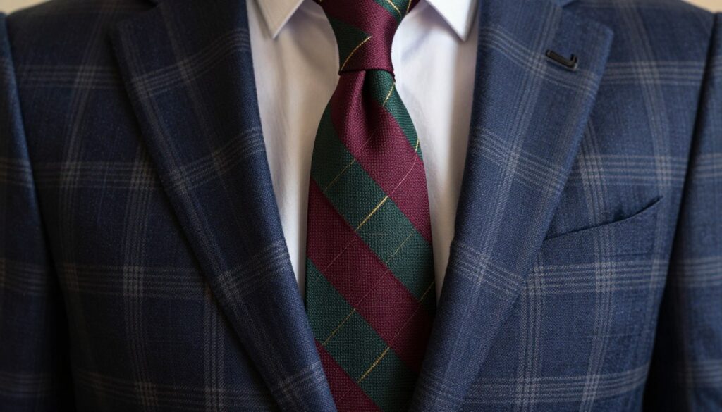 A stylish necktie displayed prominently in the foreground, showcasing a harmonious blend of colors: deep burgundy, forest green, and subtle gold accents. The tie should have a sophisticated pattern that contrasts beautifully with a classic checkered blazer in the background, which features a rich navy-blue and soft gray plaid design. Soft, diffused lighting casts a warm glow, highlighting the textures of both the tie and the blazer. The image should be captured from a slightly elevated angle to emphasize the details of the tie against the patterned jacket. The overall mood is elegant and professional, conveying a sense of refinement while illustrating color coordination in men's fashion. A stylish necktie displayed prominently in the foreground, showcasing a harmonious blend of colors: deep burgundy, forest green, and subtle gold accents. The tie should have a sophisticated pattern that contrasts beautifully with a classic checkered blazer in the background, which features a rich navy-blue and soft gray plaid design. Soft, diffused lighting casts a warm glow, highlighting the textures of both the tie and the blazer. The image should be captured from a slightly elevated angle to emphasize the details of the tie against the patterned jacket. The overall mood is elegant and professional, conveying a sense of refinement while illustrating color coordination in men's fashion.