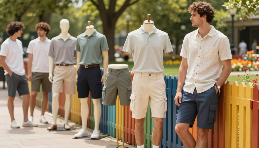 A stylish outdoor scene featuring a diverse group of men showcasing a variety of shorts. In the foreground, a man wearing tailored bermuda shorts paired with a light cotton shirt stands casually with hands in pockets, exuding a relaxed summer vibe. Nearby, another man in cargo shorts layered with a loose-fitting polo shirt leans against a vibrant, wooden fence. In the middle ground, a few shorter styles of shorts are displayed on mannequins, highlighting their breathability and casual elegance. The background features a sunlit park with green trees and colorful flowers, adding a cheerful ambiance. The scene is illuminated by soft, natural sunlight, captured with a slight depth of field, creating an inviting and stylish atmosphere perfect for summer fashion. A stylish outdoor scene featuring a diverse group of men showcasing a variety of shorts. In the foreground, a man wearing tailored bermuda shorts paired with a light cotton shirt stands casually with hands in pockets, exuding a relaxed summer vibe. Nearby, another man in cargo shorts layered with a loose-fitting polo shirt leans against a vibrant, wooden fence. In the middle ground, a few shorter styles of shorts are displayed on mannequins, highlighting their breathability and casual elegance. The background features a sunlit park with green trees and colorful flowers, adding a cheerful ambiance. The scene is illuminated by soft, natural sunlight, captured with a slight depth of field, creating an inviting and stylish atmosphere perfect for summer fashion.