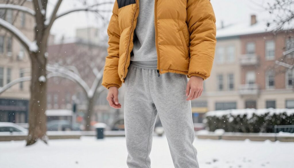 A stylish outdoor scene featuring a warm, stylish down jacket paired with sporty casual sweatpants. In the foreground, a person stands confidently, showcasing the combination of the puffy jacket with a vibrant color that contrasts with the neutral-toned sweatpants. The model wears modest, casual attire that complements the overall sporty look. The middle ground highlights an urban park environment with snow-covered trees and soft, diffused winter light. The background showcases a cozy cityscape with gently falling snowflakes, creating a serene and inviting atmosphere. The composition is shot at a slight low angle to elevate the fashion focus, ensuring a professional and fashionable vibe without any distractions. A stylish outdoor scene featuring a warm, stylish down jacket paired with sporty casual sweatpants. In the foreground, a person stands confidently, showcasing the combination of the puffy jacket with a vibrant color that contrasts with the neutral-toned sweatpants. The model wears modest, casual attire that complements the overall sporty look. The middle ground highlights an urban park environment with snow-covered trees and soft, diffused winter light. The background showcases a cozy cityscape with gently falling snowflakes, creating a serene and inviting atmosphere. The composition is shot at a slight low angle to elevate the fashion focus, ensuring a professional and fashionable vibe without any distractions.