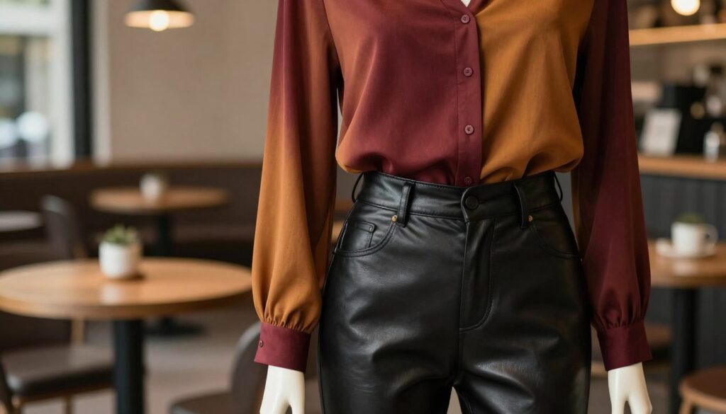 A stylish outfit featuring a sophisticated blouse paired with black leather pants, elegantly displayed on a mannequin. The blouse should be in a warm autumn palette, with deep burgundy and rich mustard hues that contrast beautifully with the sleek texture of the leather. The foreground captures details of the blouse's fabric, showing its luxurious texture and sophisticated design, while the middle ground focuses on the fitting of the leather pants. In the background, softly blurred coffee shop ambiance with warm lighting creates an inviting atmosphere. The scene is shot from a slightly elevated angle, using natural light to highlight the color richness and texture, promoting a balanced and chic vibe appropriate for both casual and evening settings. A stylish outfit featuring a sophisticated blouse paired with black leather pants, elegantly displayed on a mannequin. The blouse should be in a warm autumn palette, with deep burgundy and rich mustard hues that contrast beautifully with the sleek texture of the leather. The foreground captures details of the blouse's fabric, showing its luxurious texture and sophisticated design, while the middle ground focuses on the fitting of the leather pants. In the background, softly blurred coffee shop ambiance with warm lighting creates an inviting atmosphere. The scene is shot from a slightly elevated angle, using natural light to highlight the color richness and texture, promoting a balanced and chic vibe appropriate for both casual and evening settings.