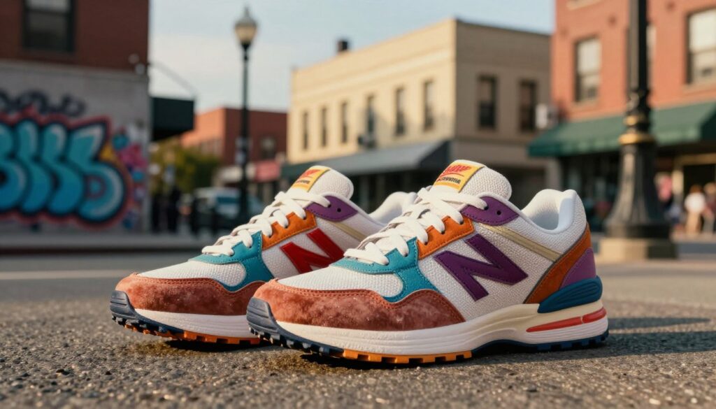 A stylish pair of 1990s sneakers, showcasing a retro design with bold color accents, set against an urban backdrop. The sneakers are prominently displayed in the foreground, capturing fine details like textured fabric and unique lacing patterns. In the middle ground, elements of the street scene include graffiti art and lampposts, evoking the lively vibe of 90s city life. The background features soft-focus buildings with classic architecture reminiscent of the era. The lighting is warm and natural, simulating late afternoon sun, casting subtle shadows that enhance the textures. The atmosphere is energetic and nostalgic, inviting viewers to step back in time while enjoying a modern interpretation of 90s street style.