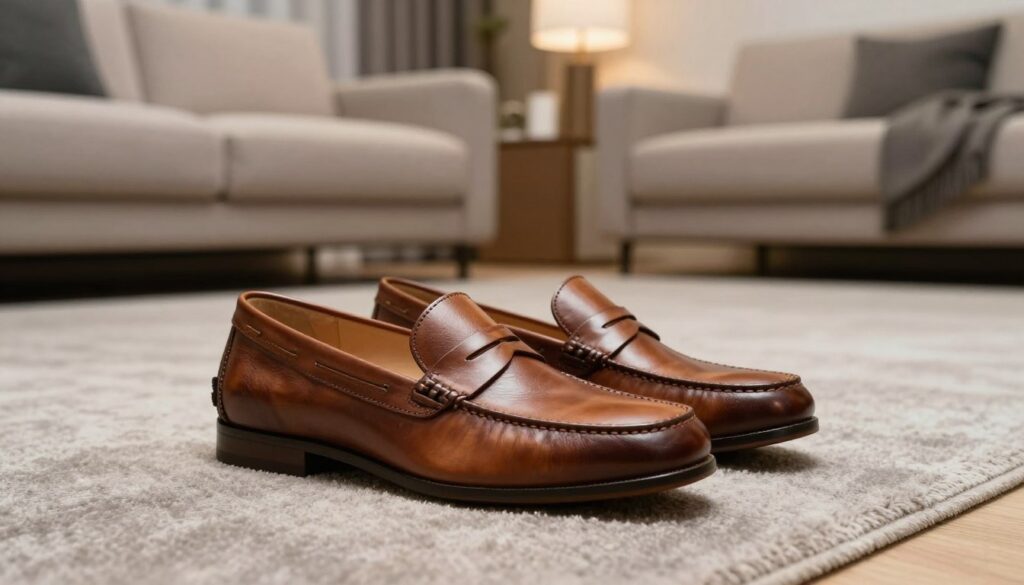 A stylish pair of loafers designed to complement athletic wear, placed prominently in the foreground. The loafers are made of high-quality leather, showcasing a sleek design with subtle stitching details and a polished finish. They are set on a softly textured surface, perhaps a light wooden floor or a stylish gray rug. In the middle ground, there is a backdrop of a modern, minimalist living space with a plush sofa and fashionable decor, creating a cozy yet chic ambiance. The lighting is warm and inviting, highlighting the sheen of the loafers and casting gentle shadows. The camera angle is slightly above, focusing on the shoes while the background elements softly blur, enhancing the focus on footwear. The overall mood is sophisticated yet relaxed, embodying the essence of the smart casual style. A stylish pair of loafers designed to complement athletic wear, placed prominently in the foreground. The loafers are made of high-quality leather, showcasing a sleek design with subtle stitching details and a polished finish. They are set on a softly textured surface, perhaps a light wooden floor or a stylish gray rug. In the middle ground, there is a backdrop of a modern, minimalist living space with a plush sofa and fashionable decor, creating a cozy yet chic ambiance. The lighting is warm and inviting, highlighting the sheen of the loafers and casting gentle shadows. The camera angle is slightly above, focusing on the shoes while the background elements softly blur, enhancing the focus on footwear. The overall mood is sophisticated yet relaxed, embodying the essence of the smart casual style.