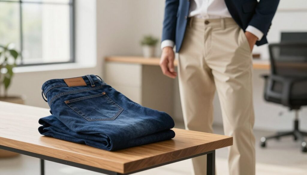 A stylish pair of men's casual trousers, featuring modern jeans and chinos, displayed prominently in the foreground. The trousers are neatly folded on a wooden bench, showcasing their textures and colors, such as deep navy blue for the jeans and light beige for the chinos. In the middle ground, a well-dressed man is standing casually, wearing a crisp white shirt and a blazer paired with the chinos, with a relaxed posture, evoking confidence and professionalism. The background is a bright, inviting office environment with soft natural lighting streaming in through large windows, creating a warm and approachable atmosphere. The scene captures the essence of casual men's fashion, blending comfort and style seamlessly, ideal for both work and leisure moments. A stylish pair of men's casual trousers, featuring modern jeans and chinos, displayed prominently in the foreground. The trousers are neatly folded on a wooden bench, showcasing their textures and colors, such as deep navy blue for the jeans and light beige for the chinos. In the middle ground, a well-dressed man is standing casually, wearing a crisp white shirt and a blazer paired with the chinos, with a relaxed posture, evoking confidence and professionalism. The background is a bright, inviting office environment with soft natural lighting streaming in through large windows, creating a warm and approachable atmosphere. The scene captures the essence of casual men's fashion, blending comfort and style seamlessly, ideal for both work and leisure moments.