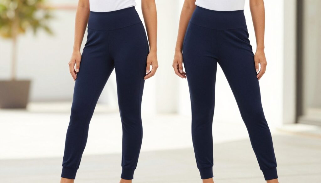 A stylish pair of petite women's joggers designed to elongate the legs, displayed prominently in the foreground. The joggers are tailored with a high-waisted fit and tapered ankles, crafted from a soft, breathable fabric in a deep navy color. The model, a confident woman of shorter stature, is wearing a fitted white top, showing off the joggers' sleek silhouette. In the background, a bright, airy urban setting with soft, natural lighting enhances the relaxed yet polished vibe, highlighting the versatility of the attire. The scene captures a warm, inviting atmosphere, suggesting comfort and practicality, perfect for both casual outings and athletic activities. Focus on the joggers while ensuring the model is dressed modestly and professionally. A stylish pair of petite women's joggers designed to elongate the legs, displayed prominently in the foreground. The joggers are tailored with a high-waisted fit and tapered ankles, crafted from a soft, breathable fabric in a deep navy color. The model, a confident woman of shorter stature, is wearing a fitted white top, showing off the joggers' sleek silhouette. In the background, a bright, airy urban setting with soft, natural lighting enhances the relaxed yet polished vibe, highlighting the versatility of the attire. The scene captures a warm, inviting atmosphere, suggesting comfort and practicality, perfect for both casual outings and athletic activities. Focus on the joggers while ensuring the model is dressed modestly and professionally.