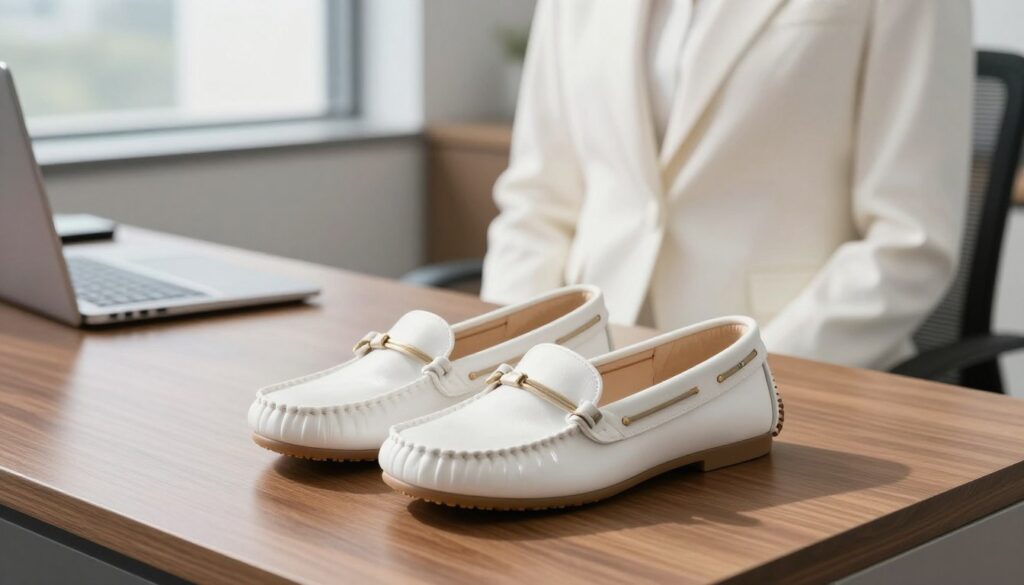 A stylish pair of women's moccasins designed to complement a white business suit, elegantly displayed in a professional office setting. In the foreground, focus on the moccasins with a sleek, shiny finish, showcasing their sophisticated detailing such as stitching and subtle embellishments. The middle ground features a polished wooden desk with minimalistic office accessories and a soft fabric notebook. In the background, a well-lit modern office with large windows allows natural light to flood in, casting soft shadows that enhance the overall ambiance. The overall mood is professional yet inviting, perfect for office attire, emphasizing both style and comfort for work-related occasions. Capture the image with a shallow depth of field to highlight the moccasins, using a soft focus on the background elements.
