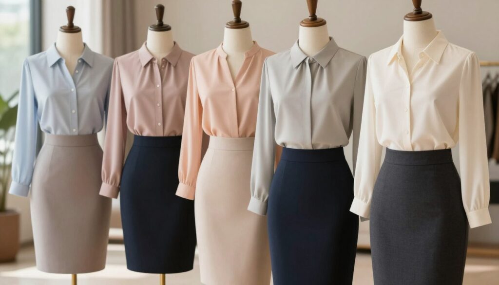A stylish scene featuring a collection of elegant blouses designed to complement a pencil skirt, arranged on a minimalist display or mannequin. Each blouse showcases varying styles—some with tailored silhouettes, others with soft, flowing fabrics. The colors should range from muted pastels to classic neutrals, emphasizing professionalism while maintaining comfort for all-day wear. The background should be softly blurred to focus on the blouses, with warm, natural lighting that enhances the textures of the fabrics. The atmosphere should feel sophisticated and inviting, suggesting a fashion-forward workplace. The composition should be photographed from a slightly elevated angle, creating depth while keeping the attention on the blouses that “make” the stylish outfit. A stylish scene featuring a collection of elegant blouses designed to complement a pencil skirt, arranged on a minimalist display or mannequin. Each blouse showcases varying styles—some with tailored silhouettes, others with soft, flowing fabrics. The colors should range from muted pastels to classic neutrals, emphasizing professionalism while maintaining comfort for all-day wear. The background should be softly blurred to focus on the blouses, with warm, natural lighting that enhances the textures of the fabrics. The atmosphere should feel sophisticated and inviting, suggesting a fashion-forward workplace. The composition should be photographed from a slightly elevated angle, creating depth while keeping the attention on the blouses that “make” the stylish outfit.