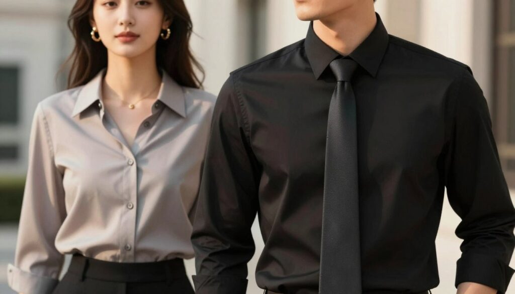A stylish setting featuring a well-dressed man and woman in elegant outfits. The man is wearing a sleek black shirt paired with a sophisticated tie, standing confidently in a semi-formal pose. The woman, dressed in a chic blouse, complements the look with tasteful accessories. They are set against a blurred upscale urban backdrop, with soft, warm afternoon lighting enhancing the stylish atmosphere. The focus is on their outfits, showcasing how the black shirt and tie combination can be adapted for different occasions. The composition should convey sophistication and elegance, capturing the essence of refined style without any distractions. Use a close-up angle to accentuate the details of the clothing and accessories, ensuring a polished and professional appearance. A stylish setting featuring a well-dressed man and woman in elegant outfits. The man is wearing a sleek black shirt paired with a sophisticated tie, standing confidently in a semi-formal pose. The woman, dressed in a chic blouse, complements the look with tasteful accessories. They are set against a blurred upscale urban backdrop, with soft, warm afternoon lighting enhancing the stylish atmosphere. The focus is on their outfits, showcasing how the black shirt and tie combination can be adapted for different occasions. The composition should convey sophistication and elegance, capturing the essence of refined style without any distractions. Use a close-up angle to accentuate the details of the clothing and accessories, ensuring a polished and professional appearance.