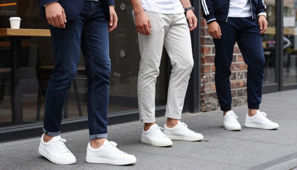 A stylish street scene showcasing a group of three men, each wearing trendy white sneakers. In the foreground, a man in a smart-casual outfit pairs his white shoes with dark jeans and a tailored blazer, exuding sophistication. In the middle, another man dons a relaxed look with white sneakers, a crisp white shirt, and light-colored chinos, blending comfort with style. The third man in the background showcases athletic wear, combining white trainers with joggers and a sporty jacket, highlighting versatility. The atmosphere is lively, with soft, natural lighting illuminating the scene, enhancing the colors of the outfits. The background features a modern urban environment, such as a chic café or brick wall, creating a contemporary vibe. The overall mood is fashionable and dynamic, perfect for illustrating stylish combinations with men's white sneakers.